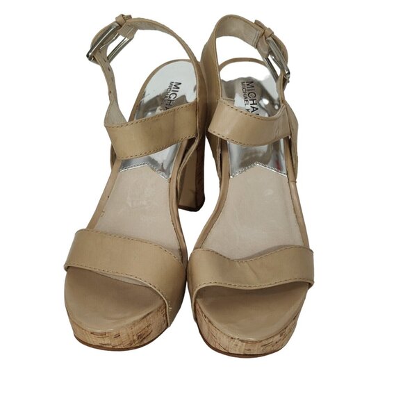 Michael Michael Kors Tan Platform Block Cork Heels Sandal Women Size 8.5 M FLAW - Picture 3 of 10